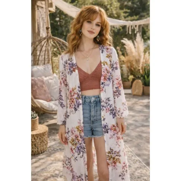 Charlotte Russe Swim | Boho Floral Long Sleeve Duster Kimono White and Pink Charlotte Russe Size Small | Color: White | Size: S | Torimoves's Closet